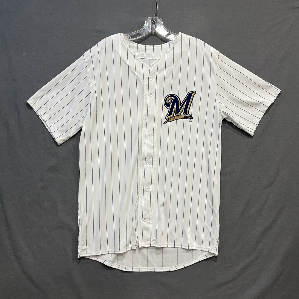 Milwaukee‎ Brewers Jersey Mens Medium White Pinstripes MLB Baseball Fan Promo